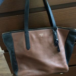 Fossil Genuine Leather Black-Tan Sm Tote Bag Purse